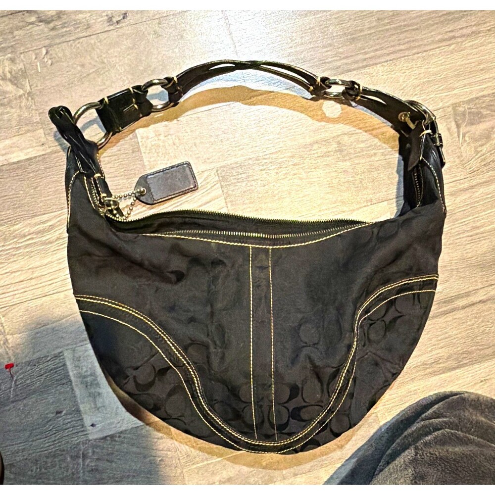 Coach Signature Canvas Hobo Shoulder Bag Zip Top Chain Strap Charm Black Gray